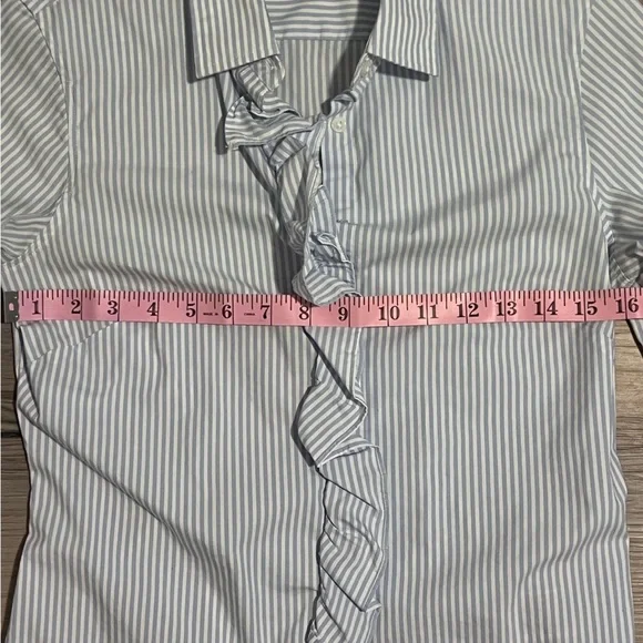 Women’s Banana Republic Blue and White Striped Riley Dress Shirt with Ruffles - Picture 6 of 8